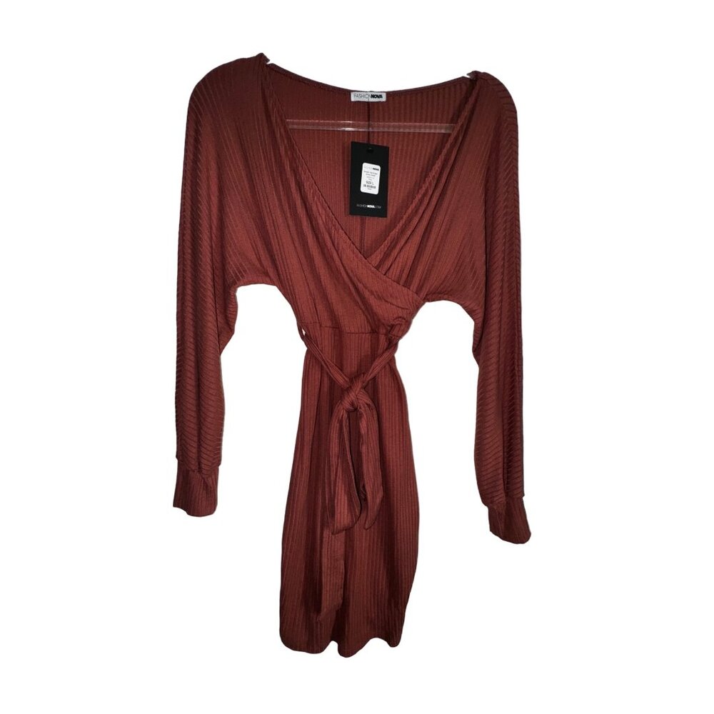 Fashion Nova Sweet Like Sugar‎ Wrap Dress Large Rose Brown Sexy Stretch NWT Date